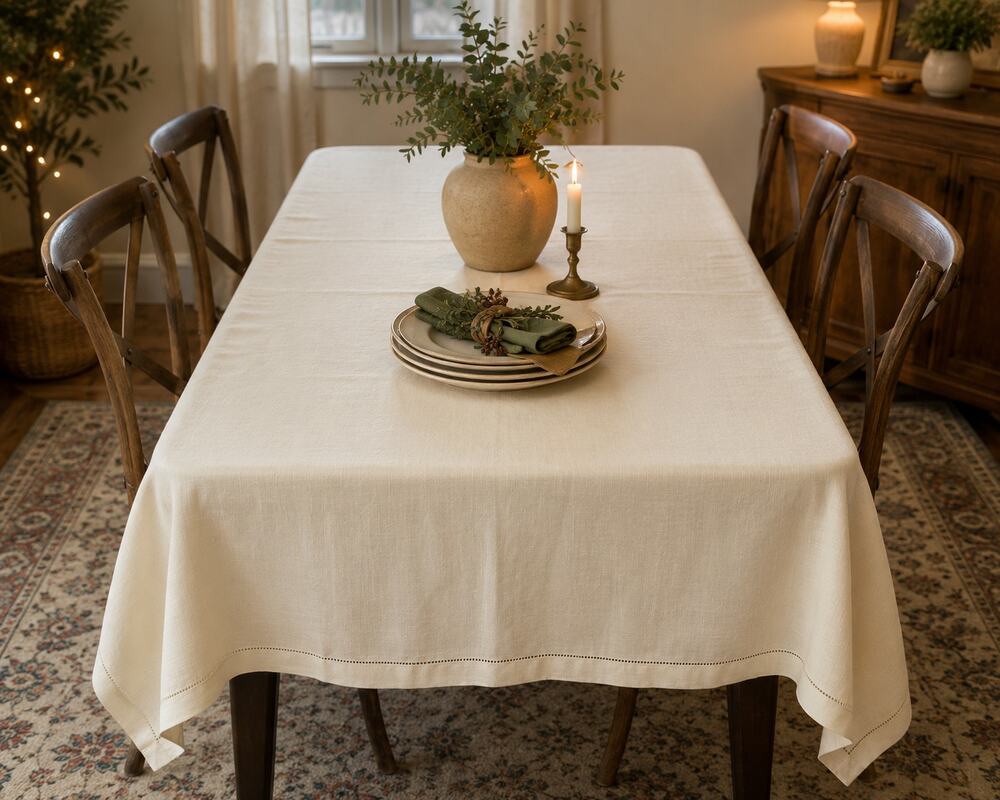 Ivory Hemstitch Rectangle Tablecloth Farmhouse Dining Holiday Entertaining 83x60
